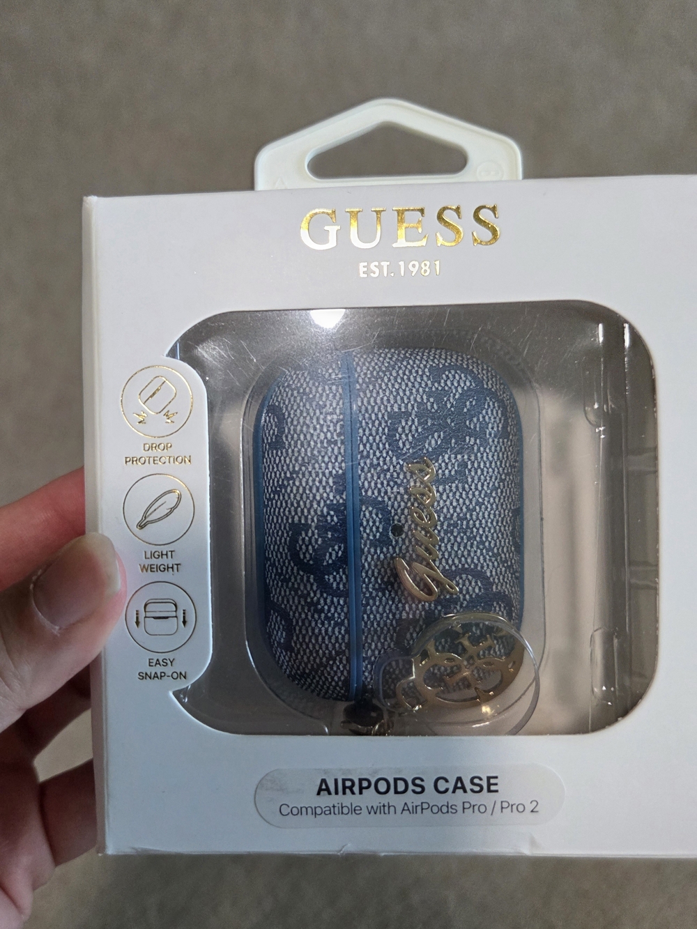 GUESS Blue Patterned AirPods Pro Case with Gold Logo Charm